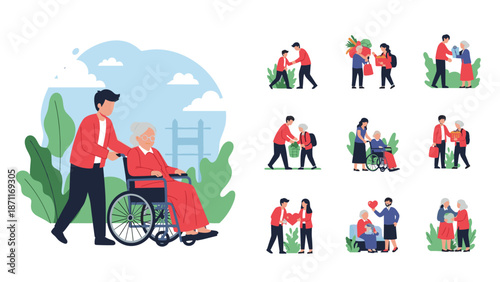 Collection of illustrations showing various acts of kindness and support for elderly people like help with groceries and transport.