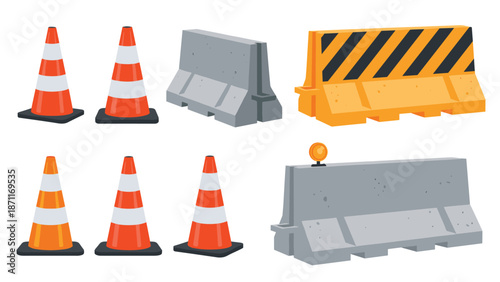 Collection of orange and white traffic cones and various concrete and plastic road safety barriers for construction sites.