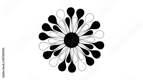 Black and white floral pattern with teardrop shapes.