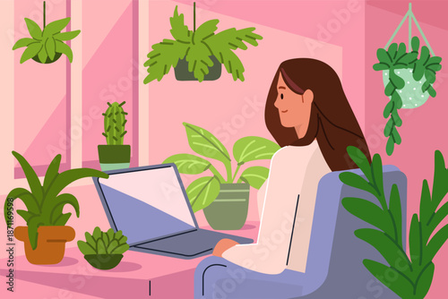 Woman working at desk surrounded by indoor plants. Green office interior, cozy urban design. Mental wellbeing, comfort, burnout prevention vector illustration.