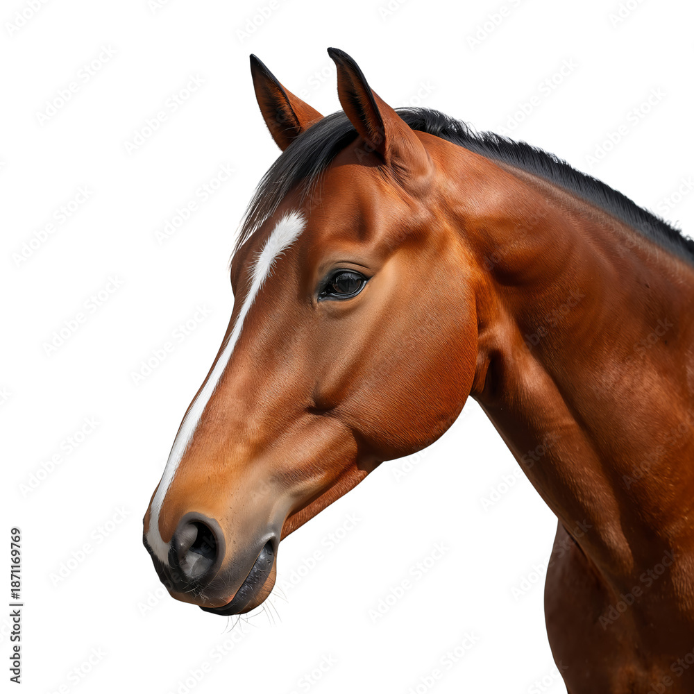 Fototapeta premium Brown Horse With White Markings Stands Against a Plain Background During Bright Daylight
