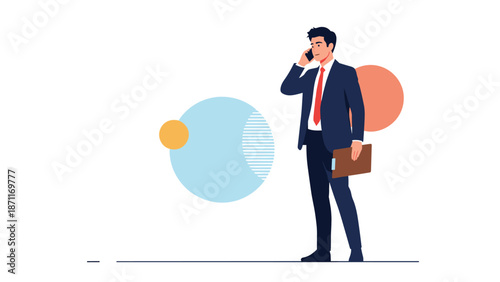 Confident businessman in a suit talking on a mobile phone while holding a clipboard against a minimalist background.