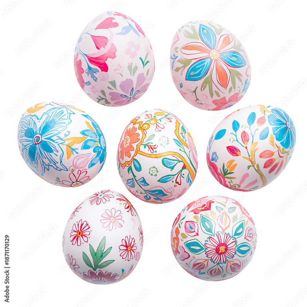 Fototapeta premium Colorful Decorated Eggs Arranged on a Flat Surface for a Spring Celebration or Festive Occasion