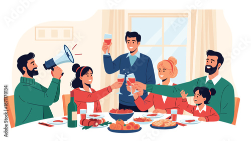 Joyful family and friends gathered around a dining table celebrating with a toast and delicious food at a party.