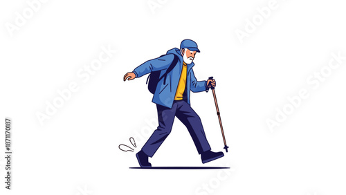 Active senior man with a backpack and walking sticks hiking outdoors on a white background in a simple style.