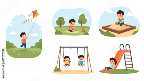Diverse kids playing on a playground with activities like swinging, sliding, flying a kite, and playing in a sandbox.