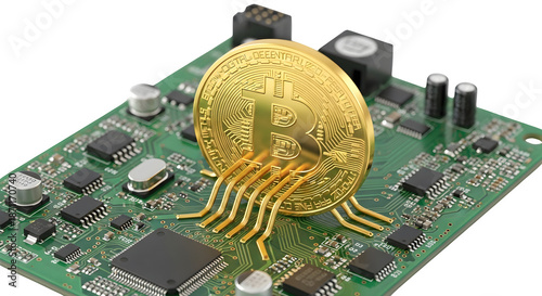 Golden jellyfish shaped cryptocurrency coin isolated on transparent background on circuit board
