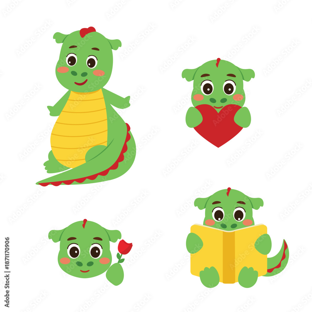 Fototapeta premium Cute Kawaii Dragon Character – Reading Book, Holding Rose and Heart