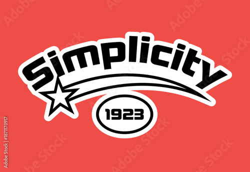 Simplicity 1923 Retro Y2K Streetwear Typography Vector Design for T-shirt. Vintage Varsity Style Badge with Star and Slogan "Simplicity". Red and Black Y2K Aesthetic Graphic Print for Apparel.