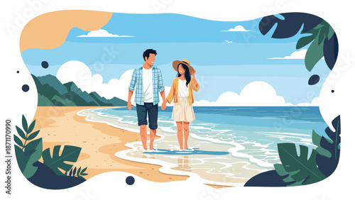 Romantic couple holding hands and walking barefoot along a beautiful tropical beach at sunset or sunrise.