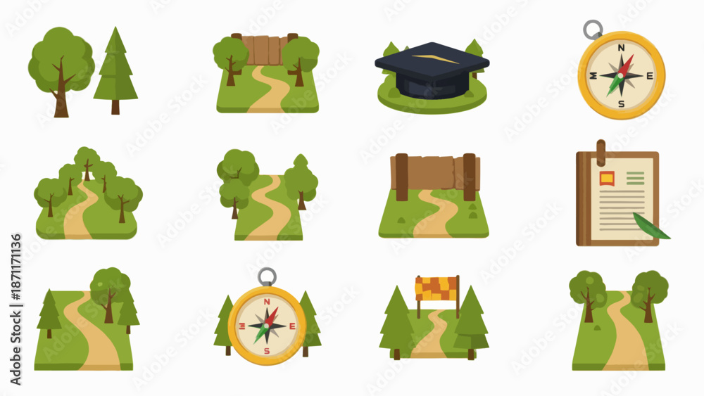 Fototapeta premium A set of colorful vector icons depicting various navigation and travel symbols
