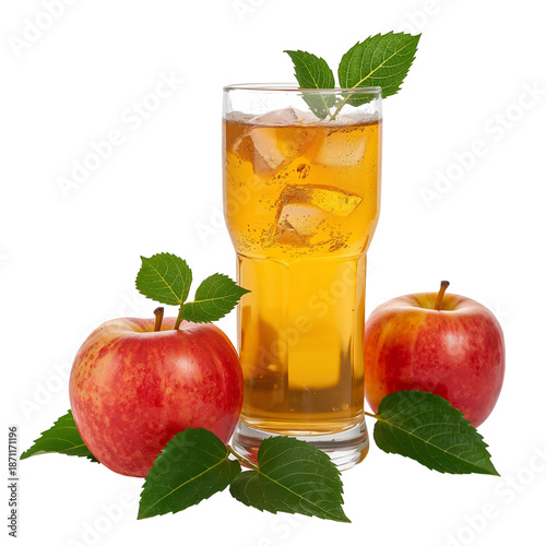 Cold Apple Juice With Ice in Tall Glass Surrounded by Fresh Red Apples