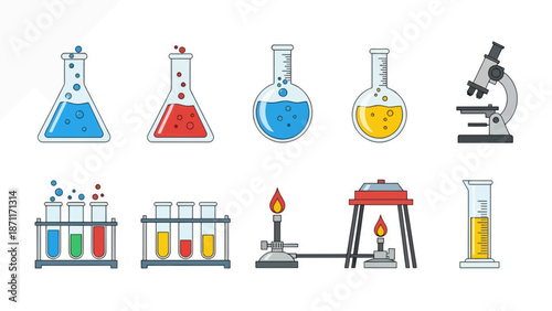 A colorful vector illustration of various laboratory equipment and scientific tools