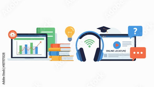 A colorful vector graphic illustration of online education symbols and icons