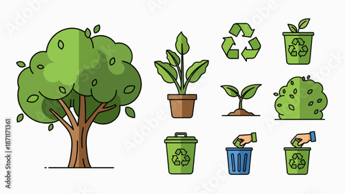 A vector graphic illustration of eco-friendly icons including trees, plants, and recycling symbols