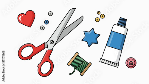A colorful illustration of crafting tools and supplies on a white background