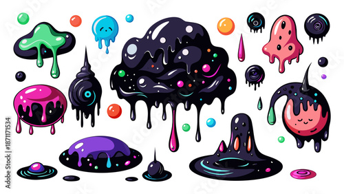 Colorful liquid alien slime set, gooey dripping forms, fantasy game elements, bright sticky puddles cartoon vector.