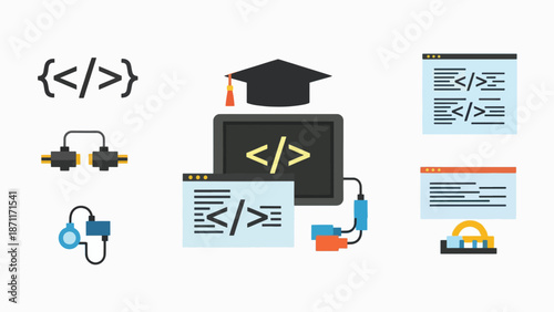 A vector graphic illustration of a graduation cap and coding symbols representing education and programming skills