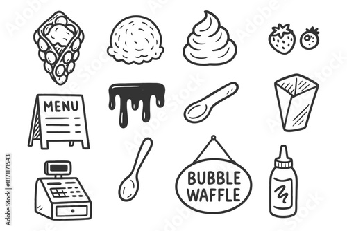 Bubble waffle ingredients and accessories: drawn style icons.