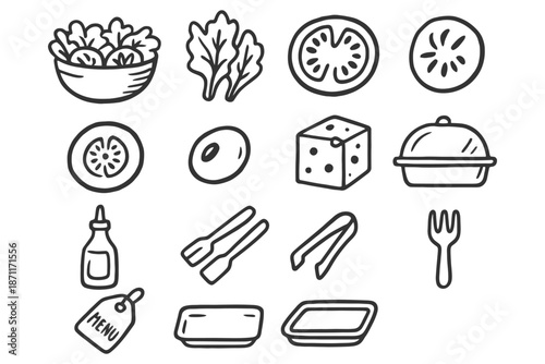 Doodle icons of salad ingredients and kitchen utensils.