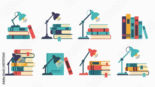 A colorful vector graphic illustration of various desk lamps and stacks of books in a modern educational setting