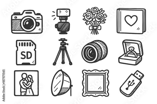 Hand-drawn photography tools and wedding symbols collection.