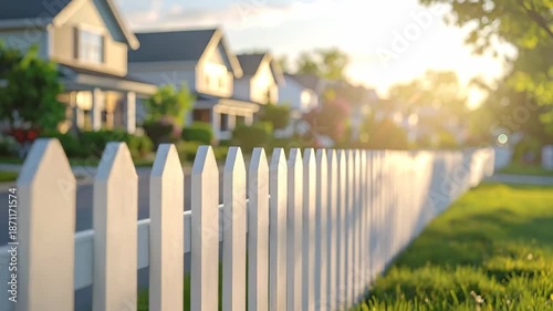 White picket fence stretches along a suburban street at sunset, creating a peaceful neighborhood scene.