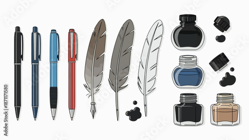 A set of colorful writing instruments and ink bottles in a flat vector illustration