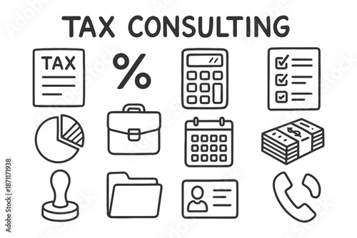 Tax consulting icons set: calculator, percentage, money, calendar, briefcase.