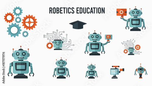 A vector graphic illustration of robots and education elements for robotics education