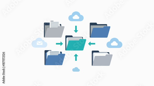 A vector graphic illustrating cloud storage and file synchronization with folders and clouds