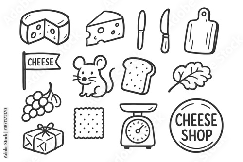 Outline icons of cheese, bread, mouse, and kitchen items for a cheese shop.