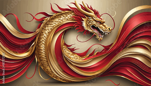 Majestic Golden Chinese Dragon with Flowing Red and Gold Ribbons.