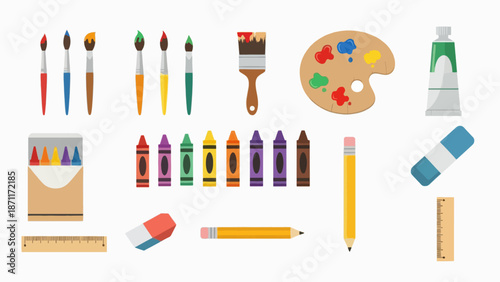 A colorful vector illustration of various art supplies on a white background