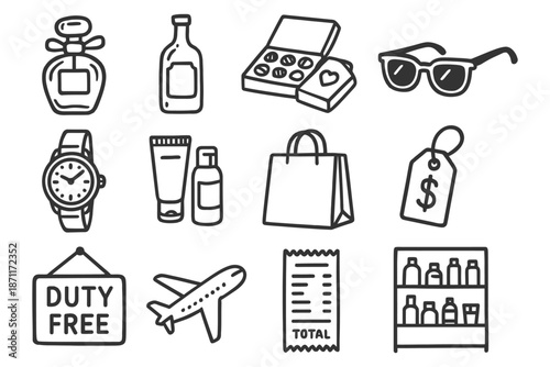 Hand-drawn travel icons: perfume, drinks, chocolates, sunglasses, watch, cosmetics, shopping.