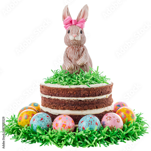 Chocolate Bunny Sits on Cake Surrounded by Colorful Eggs for Easter Celebration