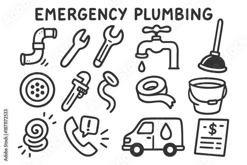 Emergency plumbing tools and services icons set.