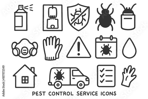 Pest control icons set: tools, safety gear, warning signs, insects.