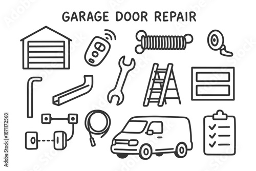 Garage door repair items: tools, ladder, van, spring, remote icons.
