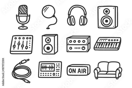 Hand-drawn music studio icons: microphone, headphones, speakers, mixer, keyboard, on-air sign.