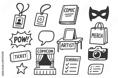Comic convention icons including tickets, camera, mask, and artist table.