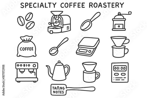Specialty coffee roastery equipment and tools illustration.