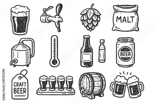 Hand-drawn beer icons set: pint, hops, malt, tap, barrel, craft beer.