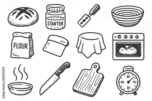 Bread baking essentials: flour, sourdough starter, timer, and tools for perfect loaves.