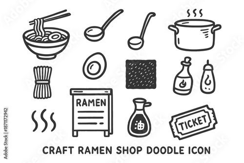 Ramen shop doodle icons: noodles, utensils, ingredients, and signage.