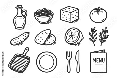 Hand-drawn food icons: olive oil, cheese, vegetables, herbs, kitchen tools.