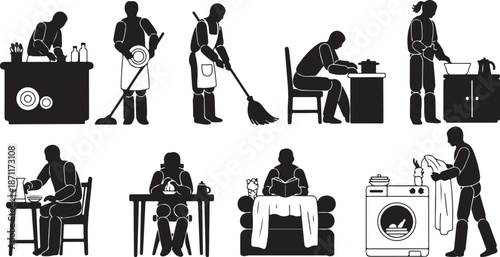 Silhouettes of people doing household chores and cleaning