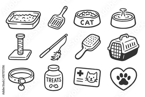 Collection of hand-drawn cat accessories: litter box, toys, carrier, treats, collar, id.