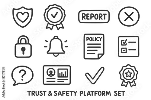 Trust and safety platform icons set for reporting and security.