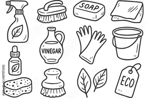 Eco-friendly cleaning supplies: vinegar, soap, brushes, gloves, and more.